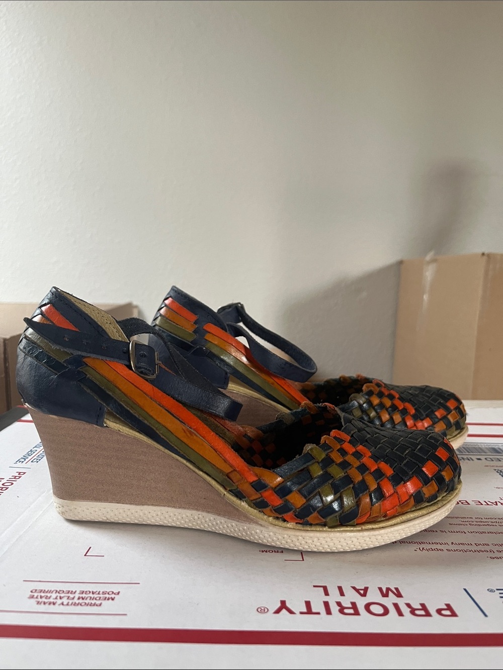 Authentic made in Mexico Multicolor Woven Wedge Sandal - Navy, Orange & Olive
